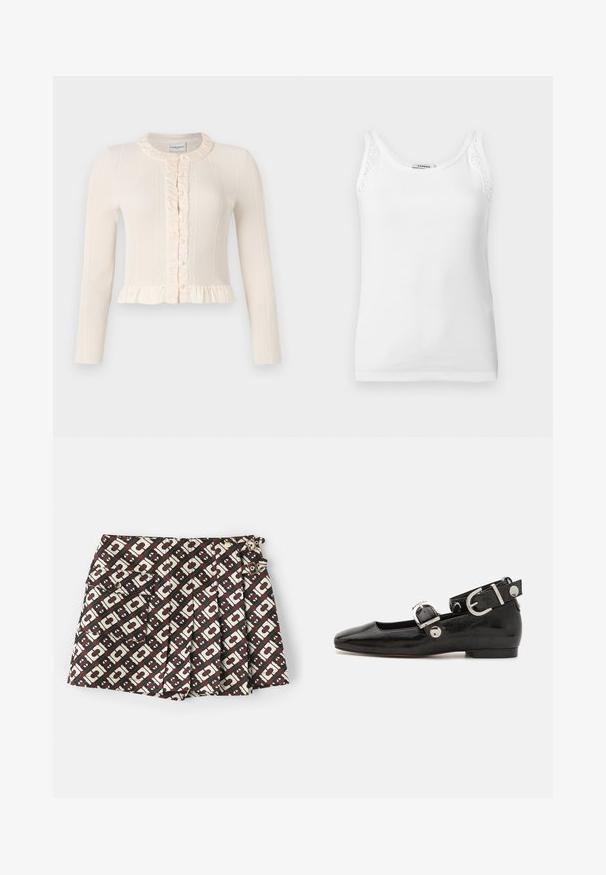 Cremefarvet ribbestrikket cardigan med lange ærmer, flæsekrave og knaplukning foran. Har en peplum-kant for ekstra tekstur og detaljer.; Hvid ribstrikket ærmeløs tanktop med blondekant på skulderstropperne og rund halsudskæring.; Mærkevarer shorts med et brunt og cremefarvet geometrisk mønster, to sidelommer og guldfarvede detaljer. Stof med en glat tekstur.; Sorte patenteret lædersko med firkantet tå, ankelrem med sølvhardware og flad sål. Glat tekstur med minimalistisk design.