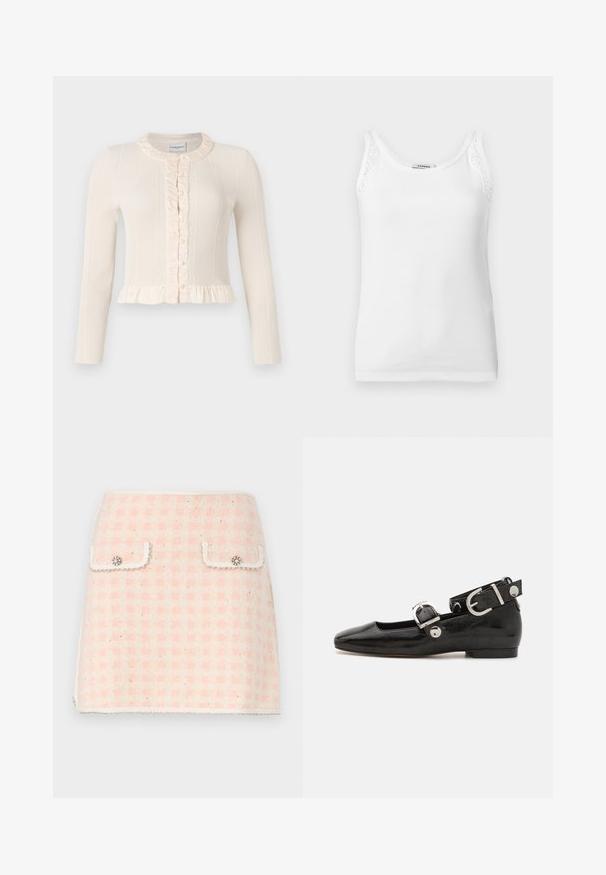 Cremefarvet ribbestrikket cardigan med lange ærmer, flæsekrave og knaplukning foran. Har en peplum-kant for ekstra tekstur og detaljer.; Hvid ribstrikket ærmeløs tanktop med blondekant på skulderstropperne og rund halsudskæring.; Uld mini nederdel i lyserød og crème ternet mønster, med to forlommer med dekorative knapper og en frynset kant.; Sorte patenteret lædersko med firkantet tå, ankelrem med sølvhardware og flad sål. Glat tekstur med minimalistisk design.