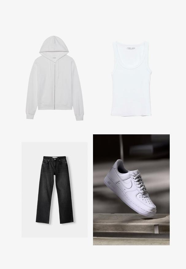 Witte rits-hoodie gemaakt van katoen, met een capuchon, voorzakken en ribgebreide manchetten. Zachte textuur met een eenvoudig, strak ontwerp.; Effen witte mouwloze tanktop met ronde hals, gemaakt van zachte stof, met een label aan de binnenkant van de kraag dat merk en maat aangeeft.; Bershka Straight leg jeans - mottled dark grey; Witte Nike Air Force 1 sneaker die zweeft boven een betonnen oppervlak met schaduwen in een minimalistische setting.