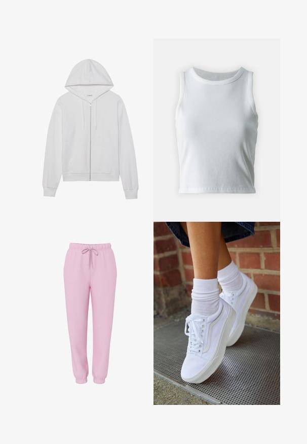 Witte rits-hoodie gemaakt van katoen, met een capuchon, voorzakken en ribgebreide manchetten. Zachte textuur met een eenvoudig, strak ontwerp.; Witte geribde tanktop met een ronde halslijn en mouwloos ontwerp, voorzien van een rechte zoom en een gladde, rekbare textuur.; Lichtroze joggingsbroek met elastische tailleband, trekkoord, zijzakken en elastische boorden, afgebeeld op een witte achtergrond.; Witte canvas sneakers met rubberen zolen, voorzien van zes vetertjes, een ronde neus en lichte stikdetails, gecombineerd met witte enkelsokken.