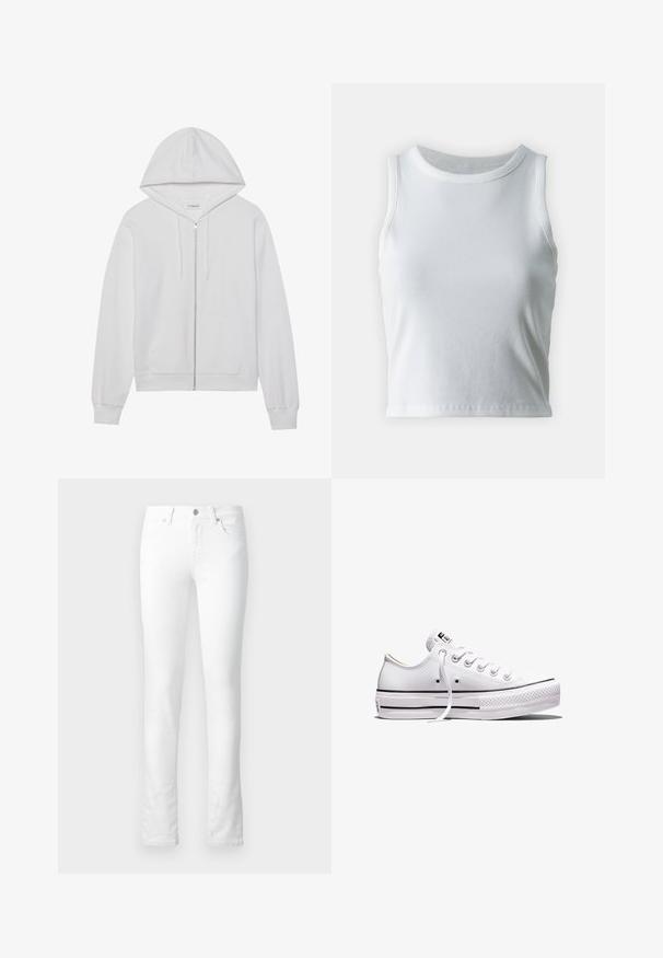 Weiße Zip-up-Hoodie aus Baumwolle, mit Kapuze, Fronttaschen und gerippten Bündchen. Weiche Textur mit einem einfachen, klaren Design.; Weißes, geripptes Tanktop mit runder Ausschnittform und ärmellosem Design, ausgestattet mit einem geraden Saum und einer glatten, dehnbaren Textur.; Weiße Denim-Jeans mit slim-fit, fünf Taschen, Reißverschluss und dezenten Nahtdetails. Glatte Textur; keine sichtbaren Muster.; Weißer Sneaker aus Segeltuch mit niedrigem Schnitt, weißen Schnürsenkeln, Gummisohle, schwarzen Streifendetails und Logopatch auf der Zunge und Ferse.