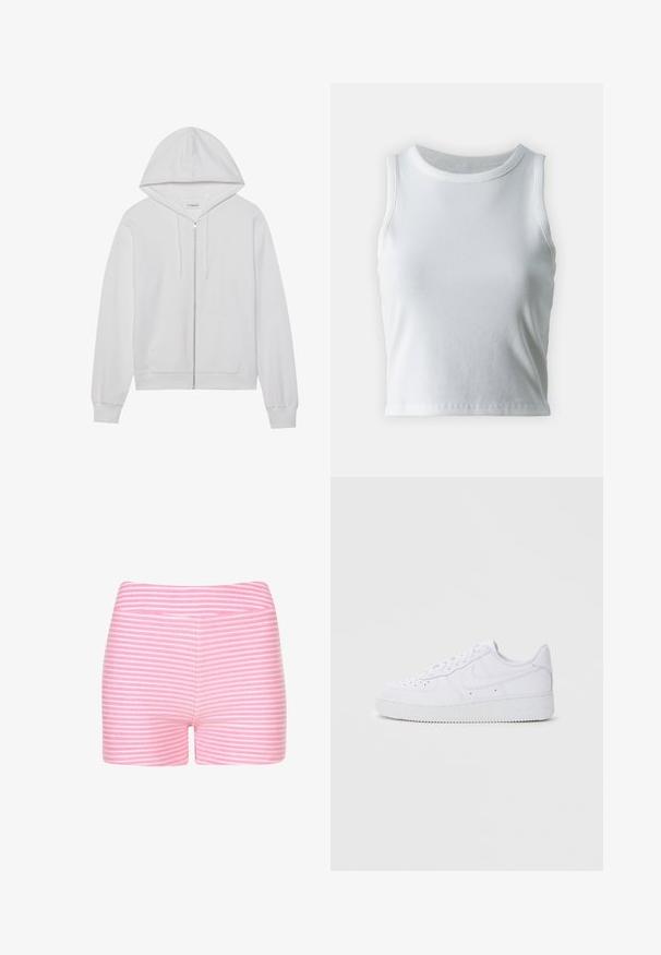 Hvid hættejakke med lynlås lavet af bomuld, har en hætte, forlommer og ribbede ærmer. Blød tekstur med et enkelt, rent design.; Hvid ribbet tanktop med rund halsudskæring og ærmeløs design, med en lige kant og en glat, strækbar tekstur.; Lyserøde og hvide stribede shorts lavet af blødt stof. Har et tætsiddende design og en glat talje med ingen ekstra detaljer eller hardware.; Hvide Nike Air Force 1 sneakers med læderoverdel, rund tå, snørelukning, polstret krave og struktureret gummisål.