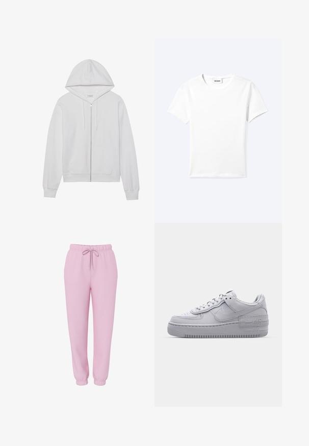 Weiße Zip-up-Hoodie aus Baumwolle, mit Kapuze, Fronttaschen und gerippten Bündchen. Weiche Textur mit einem einfachen, klaren Design.; Einfaches weißes T-Shirt mit kurzen Ärmeln und Rundhalsausschnitt sowie kleinem "WEEKDAY"-Etikett im Nacken, flach auf einem hellen Hintergrund präsentiert.; Hellrosa Jogginghose mit elastischem Bund, Kordelzug, Seitentaschen und elastischen Bündchen, abgebildet auf weißem Hintergrund.; Graue Nike Air Force 1 Sneaker mit perforierter Zehenpartie, Obermaterial aus glattem Leder, dicker Sohle und geprägtem 'AIR'-Detail an der Ferse.