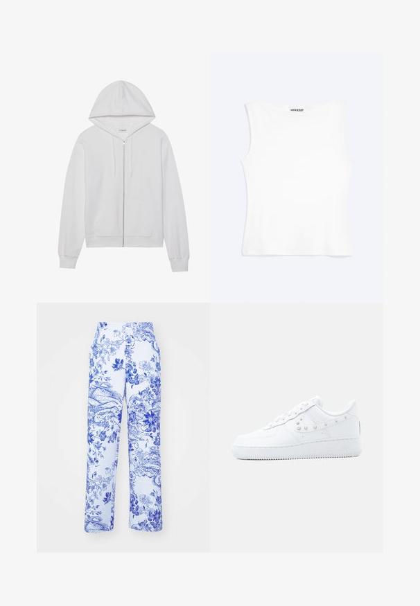 Haut en coton zippé blanc, avec une capuche, des poches avant et des poignets côtelés. Texture douce avec un design simple et épuré.; Débardeur blanc ajusté sans manches avec un col rond et un design minimaliste, étiqueté "WEEKDAY" à l'intérieur du col.; Pantalon blanc avec imprimé floral et paysage bleu, présentant une coupe droite et des poches latérales. Le tissu a une finition texturée.; Baskets blanches Nike Air Force 1 avec détail Swoosh clouté et semelle épaisse, présentées sur un fond uni gris clair.
