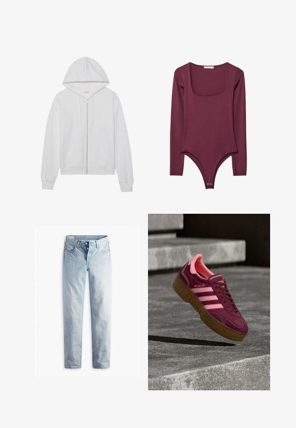 Weiße Zip-up-Hoodie aus Baumwolle, mit Kapuze, Fronttaschen und gerippten Bündchen. Weiche Textur mit einem einfachen, klaren Design.; Langärmliger Bodysuit in Burgunderrot. Mit einem quadratischen Ausschnitt und einem Druckknopfverschluss am Boden. Aus einem glatten, dehnbaren Stoff gefertigt.; Hellblaue Jeans aus Denim mit geradem Bein, fünf Taschen und Metallknöpfen am Standardbund.; Sneaker aus kastanienbraunem Wildleder mit rosa Akzenten, ausgestattet mit drei Streifen, einer strukturierten Gummisohle und einer verstärkten Zehenkappe. Sauberes Design, flacher Schnitt.