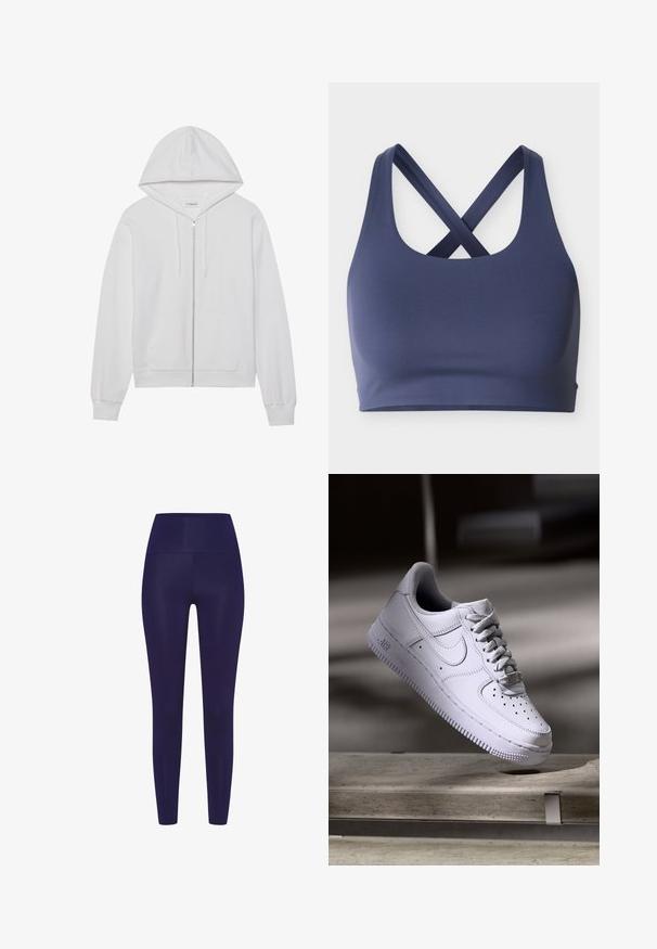 Witte rits-hoodie gemaakt van katoen, met een capuchon, voorzakken en ribgebreide manchetten. Zachte textuur met een eenvoudig, strak ontwerp.; Sportbh in marineblauw met brede bandjes die op de rug kruisen, een ronde halslijn en een naadloos ontwerp voor atletische ondersteuning.; Navy blauwe leggings met een hoge tailleband, gemaakt van een gladde, rekbare stof. Het ontwerp heeft een aansluitende pasvorm zonder patronen.; Witte Nike Air Force 1 sneaker die zweeft boven een betonnen oppervlak met schaduwen in een minimalistische setting.