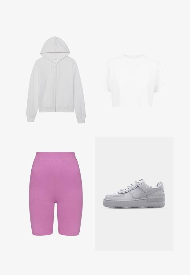 Haut en coton zippé blanc, avec une capuche, des poches avant et des poignets côtelés. Texture douce avec un design simple et épuré.; T-shirt blanche raccourcie, à manches courtes, col rond, en tissu lisse, sans motifs visibles ni quincaillerie distincte.; Shorts roses avec une taille élastique, coupe au genou et texture lisse. Pas de coutures visibles ni de poches.; Basket en cuir lisse gris Nike Air Force 1 avec un bout perforé, une semelle épaisse et un détail 'AIR' en relief sur le talon.
