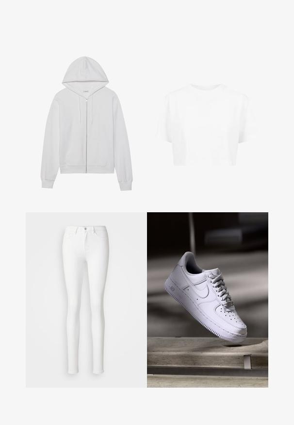 Weiße Zip-up-Hoodie aus Baumwolle, mit Kapuze, Fronttaschen und gerippten Bündchen. Weiche Textur mit einem einfachen, klaren Design.; Weißes, kurzes T-Shirt mit kurzen Ärmeln und rundem Halsausschnitt, aus glattem Stoff, ohne sichtbare Muster oder auffällige Hardware.; Weiße, schmale Jeans aus einem dehnbaren Baumwollmix, mit vorderen Taschen, einem Reißverschluss und einem einzelnen Knopfverschluss.; Weißer Nike Air Force 1 Sneaker schwebt über einer Betonoberfläche mit Schatten in einem minimalistischen Umfeld.