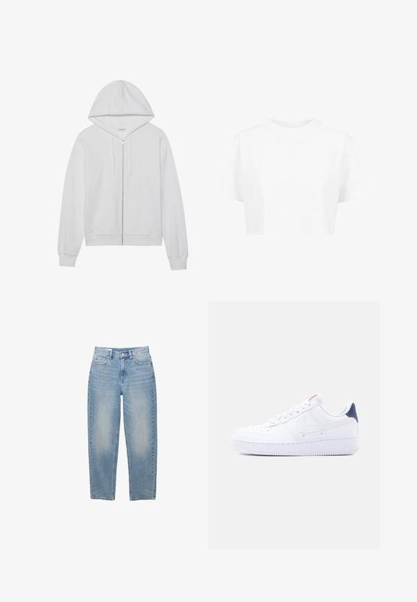 Haut en coton zippé blanc, avec une capuche, des poches avant et des poignets côtelés. Texture douce avec un design simple et épuré.; T-shirt blanche raccourcie, à manches courtes, col rond, en tissu lisse, sans motifs visibles ni quincaillerie distincte.; Jean en denim bleu clair à jambes droites avec bouton frontal, fermeture éclair et cinq poches, présenté sur un fond blanc.; Baskets basses blanches avec perforations sur la pointe, lacets blancs, logo swoosh blanc et languette de talon bleu foncé.