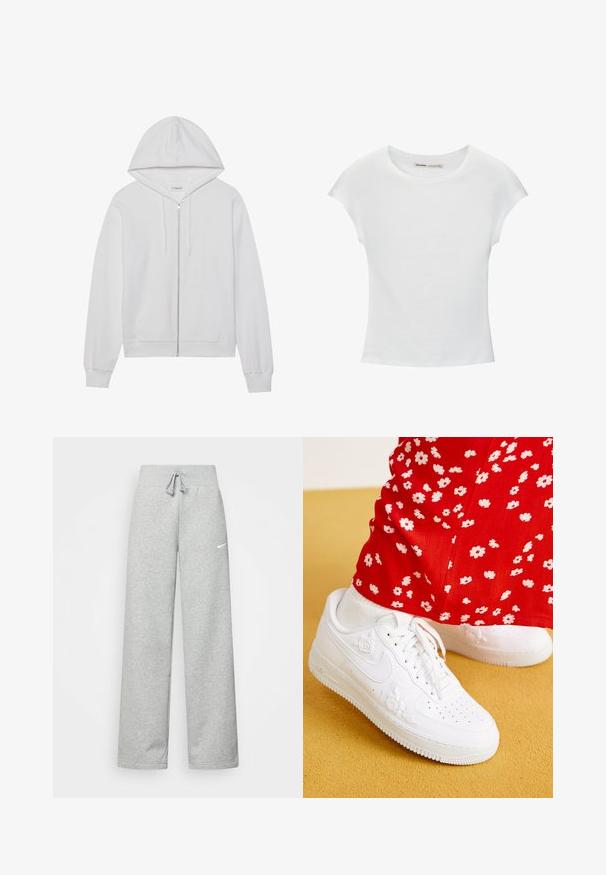 Witte rits-hoodie gemaakt van katoen, met een capuchon, voorzakken en ribgebreide manchetten. Zachte textuur met een eenvoudig, strak ontwerp.; Witte katoenen T-shirt met korte, opgerolde mouwen, een ronde halslijn en een rechte zoom. Gladde textuur zonder zichtbare patronen of accenten.; Grijze sweatpants met een elastische tailleband, een trekkoord-detail en een klein wit Nike-logo op de linkerdij. Zachte stof, losvallend.; Witte leren sneakers met bloemige reliëfaccenten, ronde neus en een gestructureerde rubberen zool. In combinatie met rode broek met witte bloemenprint.