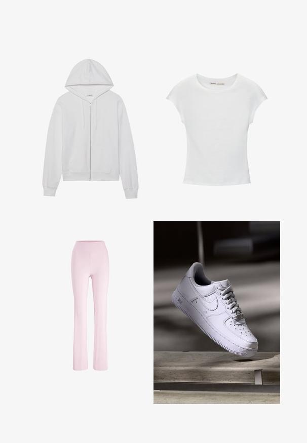 Hvid hættejakke med lynlås lavet af bomuld, har en hætte, forlommer og ribbede ærmer. Blød tekstur med et enkelt, rent design.; Hvid bomuld t-shirt med korte, opsmøgede ærmer, rund halsudskæring og lige kant. Glat tekstur uden synlige mønstre eller detaljer.; Lyserøde yoga bukser med høj talje med tætsiddende pasform over lårene og let udvidede ben, vist på en hvid baggrund.; Hvid Nike Air Force 1 sneaker svævende over en betonoverflade med skygger i et minimalistisk miljø.