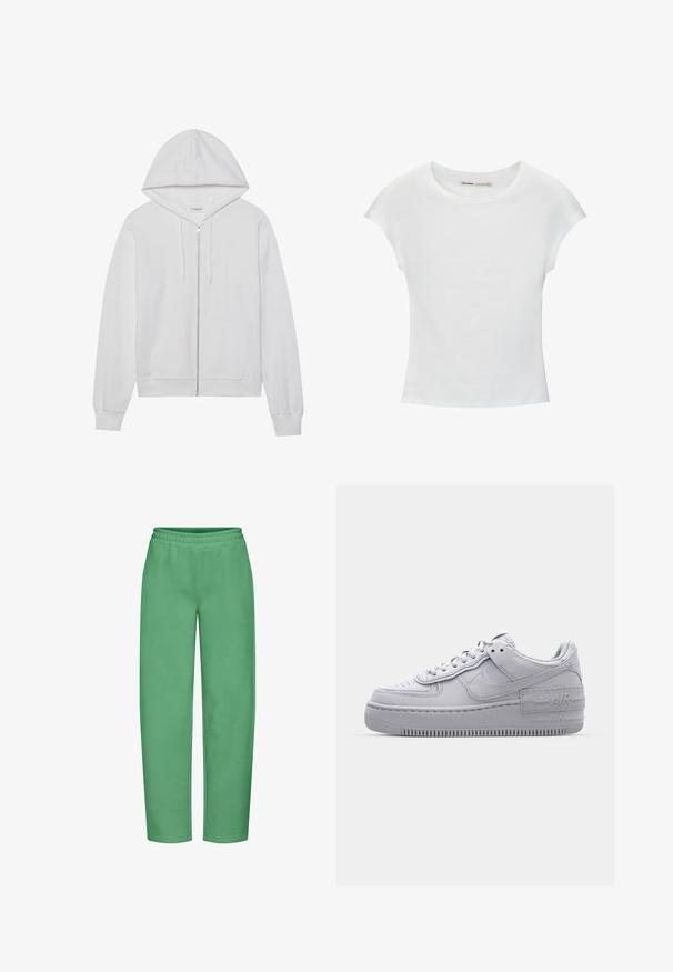 Haut en coton zippé blanc, avec une capuche, des poches avant et des poignets côtelés. Texture douce avec un design simple et épuré.; T-shirt en coton blanc avec manches courtes retroussées, encolure ronde et ourlet droit. Texture lisse sans motifs ni accents visibles.; Pantalon de survêtement vert en tissu mélangé coton, doté d'une taille élastique, de poches latérales et d'une coupe décontractée.; Basket en cuir lisse gris Nike Air Force 1 avec un bout perforé, une semelle épaisse et un détail 'AIR' en relief sur le talon.