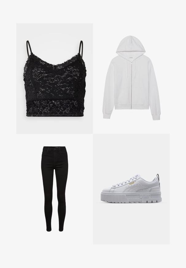 Haut en coton zippé blanc, avec une capuche, des poches avant et des poignets côtelés. Texture douce avec un design simple et épuré.; Bralette en dentelle noire avec des bretelles spaghetti réglables, un motif de dentelle florale et une bande noire unie en bas.; Jean skinny en denim noir avec une taille haute, design à cinq poches, passants de ceinture et détails de couture subtils. Texture lisse, forme ajustée.; Baskets plateformes blanches avec une tige en cuir lisse, un col rembourré, une semelle en caoutchouc grise et des accents dorés arborant le logo Puma.