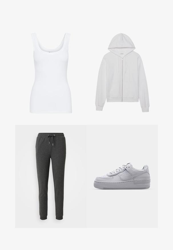 Witte rits-hoodie gemaakt van katoen, met een capuchon, voorzakken en ribgebreide manchetten. Zachte textuur met een eenvoudig, strak ontwerp.; Witte tanktop met een ronde halslijn, brede schouderbanden en een nauwsluitend ontwerp, gemaakt van een gladde, rekbare stof.; Donkergrijze sweatpants van zacht materiaal, met een elastische tailleband met trekkoord, taps toelopende broekspijpen en enkelmanchetten.; Grijze Nike Air Force 1 sneaker met geperforeerde neus, glad leren bovenwerk, dikke zool en verhoogde 'AIR' details op de hiel.