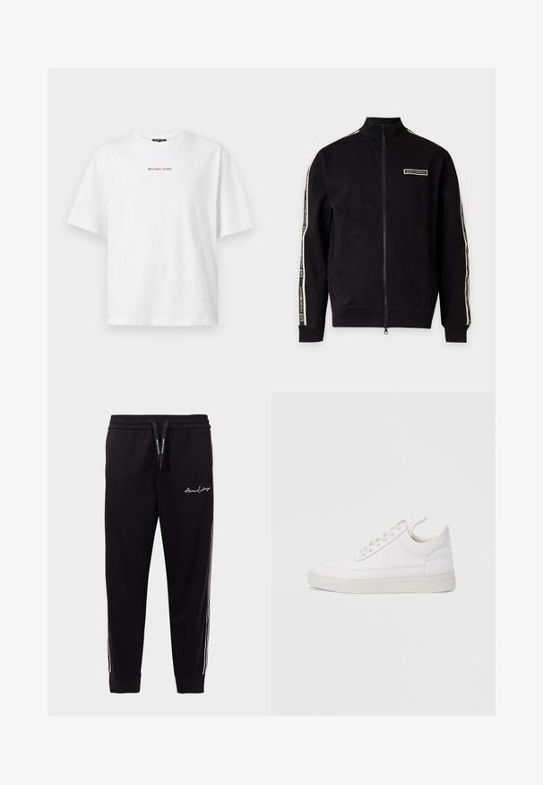 Zwarte jas met volledige ritssluiting en hoge kraag, witte logopatch op de borst en witte merkstrepen langs beide mouwen.; Wit T-shirt met korte mouwen en ronde hals, met kleine rode "MICHAEL KORS" tekst gecentreerd op de borst.; Zwarte sweatpants van een katoenmix, voorzien van een geribde tailleband, witte zijstrepen en geborduurd logo op de linker dij.; Witte leren sneaker met een afgeronde neus, platte zool en veters aan de voorkant. Voorzien van stikseldetails en een gevoerde kraag voor comfort.