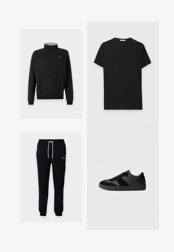 Veste zippée en polaire noire avec col montant, poches latérales, poignets côtelés et un logo discret sur la poitrine. Texture douce.; T-shirt noir à manches courtes en tissu de coton doux. Col rond avec une coupe décontractée, présentant des lignes épurées et simples sans motifs visibles.; Pantalon de survêtement noir en tissu mélange de coton. Dispose d'une taille à cordon avec des liens blancs et d'un petit logo brodé blanc près de la hanche.; Baskets noires combinant cuir lisse et daim, avec une semelle en caoutchouc noire texturée et un détail de rayures discrètes.