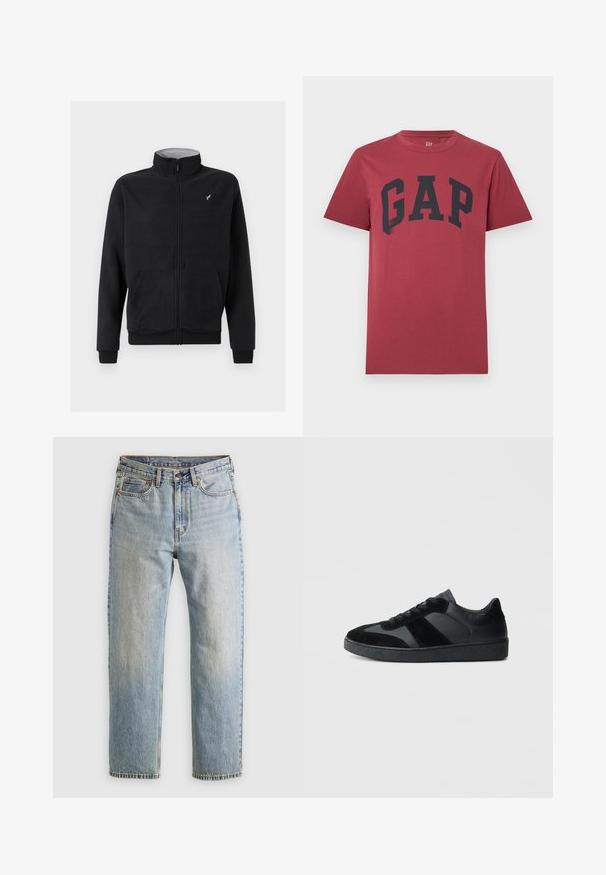 Schwarze Fleece-Übergangsjacke mit Reißverschluss, hohem Kragen, Seiten- taschen, gerippten Bündchen und dezentem Logoakzent auf der Brust. Weiche Textur.; Rotes T-Shirt mit kurzen Ärmeln und Rundhalsausschnitt, mit großem schwarzem "GAP"-Schriftzug in der Mitte der Brust.; Helle blaue Jeans mit hoher Taille, Frontknopf, Reißverschluss und fünf Taschen-Design, flach auf einem neutralen Hintergrund ausgelegt.; Schwarze Sneaker aus einer Mischung von glattem Leder und Wildleder, mit einer strukturierten schwarzen Gummisohle und dezenten Streifendetails.