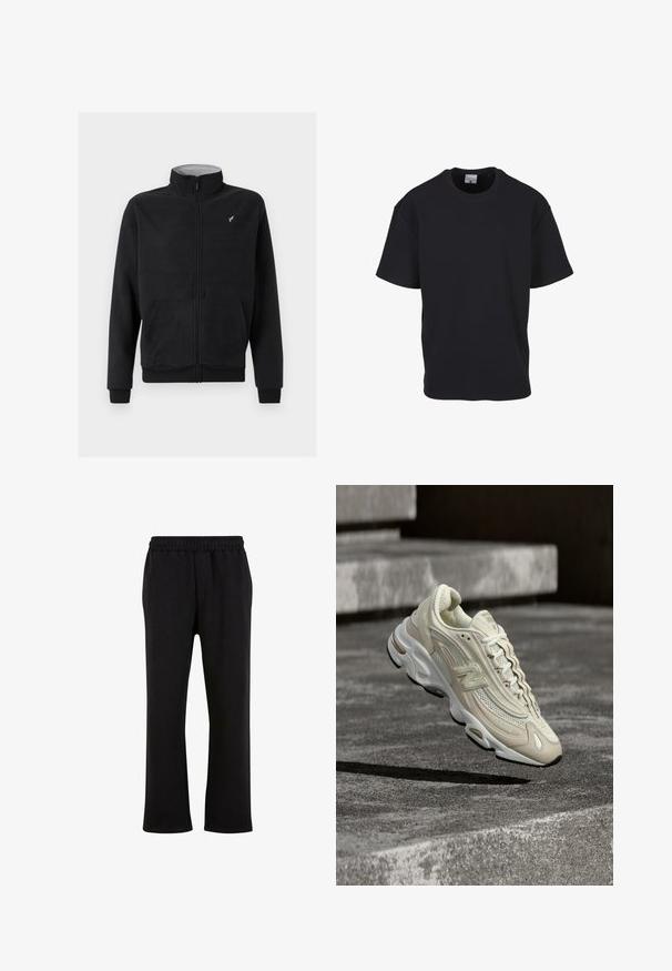Schwarze Fleece-Übergangsjacke mit Reißverschluss, hohem Kragen, Seiten- taschen, gerippten Bündchen und dezentem Logoakzent auf der Brust. Weiche Textur.; Schwarzes, strukturiertes T-Shirt mit kurzen Ärmeln und Rundhalsausschnitt sowie dezentem, gesticktem Logo auf der linken Brust, dargestellt auf weißem Hintergrund.; Urban Classics Jogginghose - black; Beige-weißer New Balance Sneaker mit Mesh- und Lederdetails, schwebt in der Luft über Betontreppen und wirft einen scharfen Schatten.