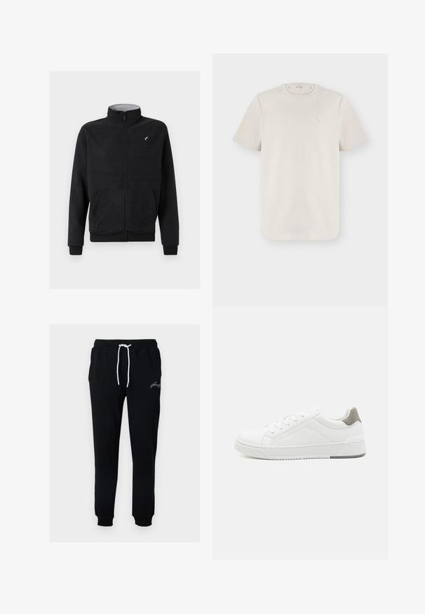 Veste zippée en polaire noire avec col montant, poches latérales, poignets côtelés et un logo discret sur la poitrine. Texture douce.; T-shirt beige clair à manches courtes et col rond avec un petit logo triangulaire sur le côté gauche de la poitrine.; Pantalon de survêtement noir en tissu mélange de coton. Dispose d'une taille à cordon avec des liens blancs et d'un petit logo brodé blanc près de la hanche.; Basket blanche en cuir lisse, à bout arrondi, design minimaliste, accent de talon gris et semelle en caoutchouc texturé.