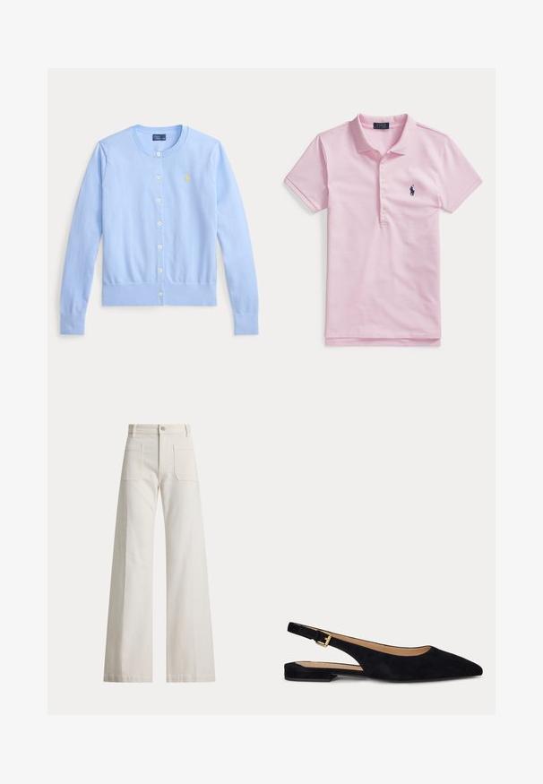 Cardigan bleu clair à manches longues avec boutons, col rond et logo jaune brodé sur la poitrine gauche.; Polo rose clair à manches courtes avec quatre boutons et logo brodé bleu marine sur la poitrine gauche.; Pantalon blanc taille haute à jambes larges avec poches plaquées devant, passants pour ceinture et fermeture par boutons devant.; Chaussure plate slingback en daim noir à bout pointu, avec un petit talon et une bride réglable avec boucle dorée.