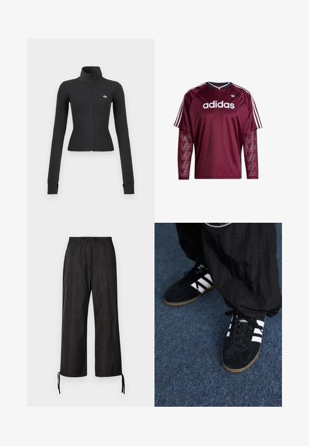 Schwarz geschnittene Jacke mit Reißverschluss, hohem Kragen, langen Ärmeln mit Daumenlöchern und kleinem weißen Adidas-Logo auf der linken Brust.; Maroonfarbenes Adidas-Langarmshirt mit Netzärmeln, weißem Logo und Streifen auf den Schultern, schwarzem und weißem Kragen, Vorderansicht.; Schwarze, locker sitzende Hosen mit einem elastischen Bund und verstellbaren Kordeln an den Knöcheln. Glattes Gewebe mit einem dezenten Glanz.; Schwarze Wildleder-Sportschuhe mit drei weißen Streifen und schwarzen Schnürsenkeln. Eine strukturierte schwarze Hose ist teilweise neben den Schuhen sichtbar.