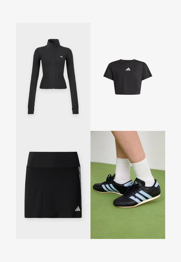 Strakke zwarte jas met rits, hoge kraag, lange mouwen met duimgaten en klein wit Adidas-logo op de linkerborst.; Zwarte cropped sport-T-shirt met korte mouwen, een ronde hals en wit Adidas-logo in het midden van de borst.; Zwarte sportieve rok met brede tailleband, subtiele zijstrepen en een klein Adidas-logo op de onderste rechterzoom.; Zwarte leren sportschoenen met lichtblauwe strepen, gemêleerde bovenkant en rubberen zolen, gecombineerd met witte geribde sokken op groene vloer.