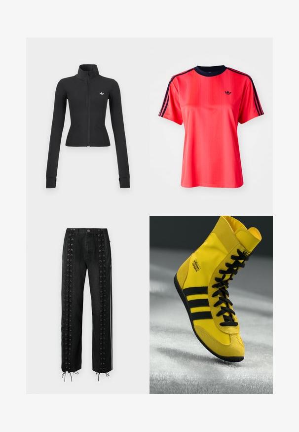 Strakke zwarte jas met rits, hoge kraag, lange mouwen met duimgaten en klein wit Adidas-logo op de linkerborst.; Rode sportieve t-shirt met korte mouwen, voorzien van verticale strepen, een marineblauwe ronde hals en een klein zwart logo op de voorkant.; Zwarte denim broek met zijpanelen met veterdetails, oogjesaccenten en verstelbare trekkoorden aan de zoom. Rechte snit.; Hoge sneakers van gele synthetische materialen, met zwarte veters, drie zwarte strepen en branding op de zijkant. Gekreukt rubberen zool.