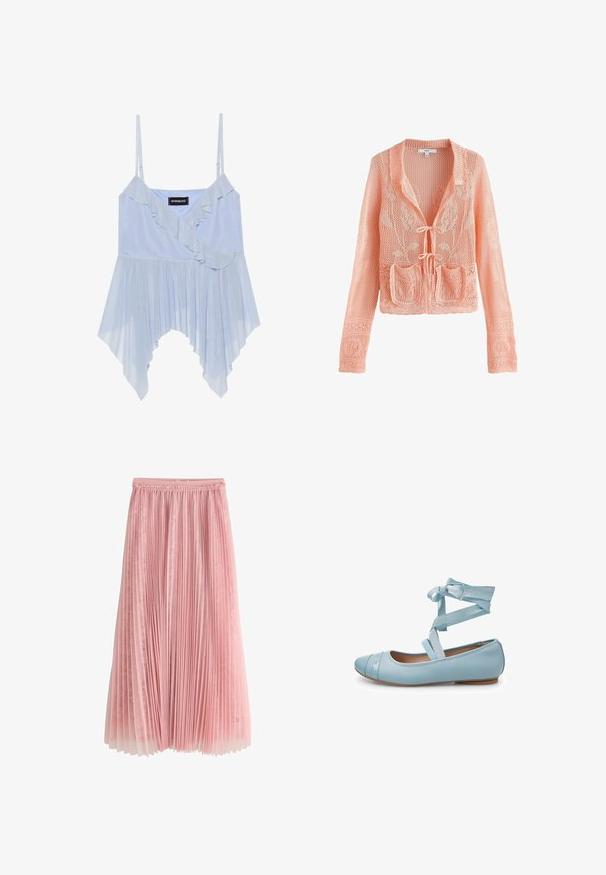Lichtroze gehaakte gebreide cardigan met bloemenpatronen, lange mouwen, twee voorzakken en gestrikte sluitingen aan de voorkant.; Even&Odd Top - sky blue; Roze geplooide midi-rok met een kanten onderlaag en een geplooide tailleband, getoond op een witte achtergrond.; Lichtblauwe platte schoen met een glanzende afwerking, ronde neus, decoratieve stiksels en een lint rond de enkel voor een veilige pasvorm.