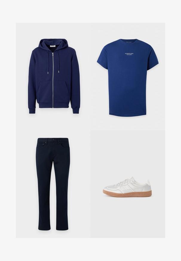 Sweat à capuche matelassé bleu marine avec fermeture éclair, poches avant, capuche à cordon, poignets et ceinture côtelés sur fond blanc uni.; T-shirt bleu marine à manches courtes avec texte blanc "Authentic Dept Pier One Originals" au centre avant.; Pantalon en denim bleu marine avec une coupe slim, présentant un design classique à cinq poches et des accents de couture subtils. Texture lisse et sans ornements.; Baskets argentées avec une texture lisse, un design à lacets, des accents perforés et une semelle en caoutchouc marron texturé.