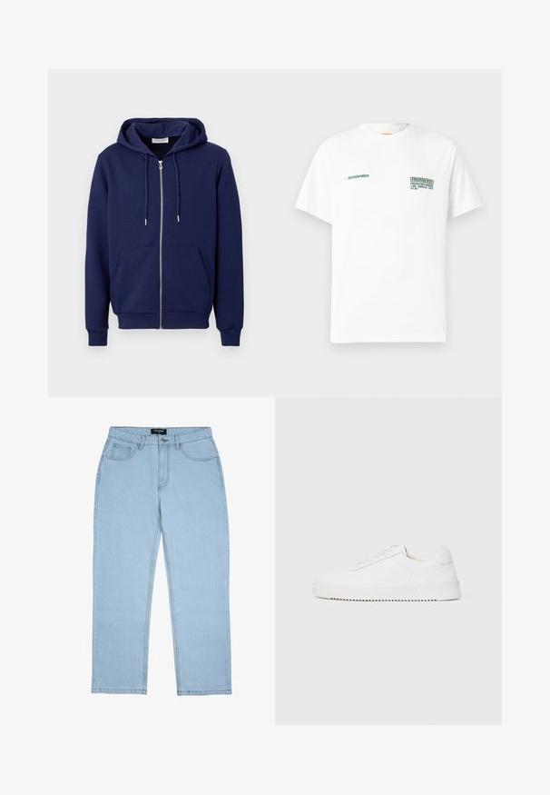 Marineblauwe gewatteerde zip-up hoodie met voorzakken, capuchon met trekkoord, geribbelde manchetten en tailleband op een effen witte achtergrond.; Wit T-shirt met korte mouwen en kleine donkergroene tekstlogo's op de borst met de woorden "Incorporation" en "Replay Inc Engineered Works."; Lichtblauwe jeans met rechte pijpen, voorzakken, riemlussen, knoopsluiting en zichtbare stikdetails.; Witte sneaker met een gladleren bovenkant, ronde neus, veters, gestructureerde zijaccenten en een dikke rubberen zool. Minimalistisch ontwerp.