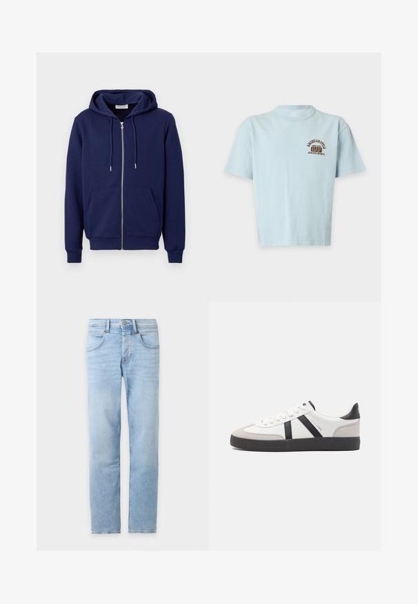 Sweat à capuche matelassé bleu marine avec fermeture éclair, poches avant, capuche à cordon, poignets et ceinture côtelés sur fond blanc uni.; T-shirt bleu clair à manches courtes avec logo "American Style GAP New York Athletic Sports" marron sur le haut de la poitrine gauche. Aucun objet en arrière-plan.; Jean denim bleu clair à jambes droites avec poches avant, passants de ceinture et fermeture à boutons sur fond blanc.; Baskets blanches avec des accents noirs et gris, présentant un embout texturé gris, une semelle en caoutchouc noir et des lacets plats blancs. Design épuré, style minimaliste.