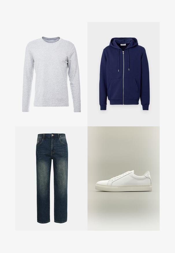 Sudadera con capucha acolchada de color azul marino con cremallera, bolsillos delanteros, capucha con cordón, puños y cinturilla acanalados sobre fondo blanco liso.; Camiseta gris de manga larga en una tela suave y ligera, con un clásico escote redondo y un diseño sencillo y sin adornos.; Jeans azul oscuro de pierna recta con ligero desgaste en la parte frontal de los muslos, cinco bolsillos y cierre de botón en la cintura.; Zapatilla blanca de perfil bajo con cordones en la parte delantera y suela gruesa, mostrada de lado sobre un fondo neutro.