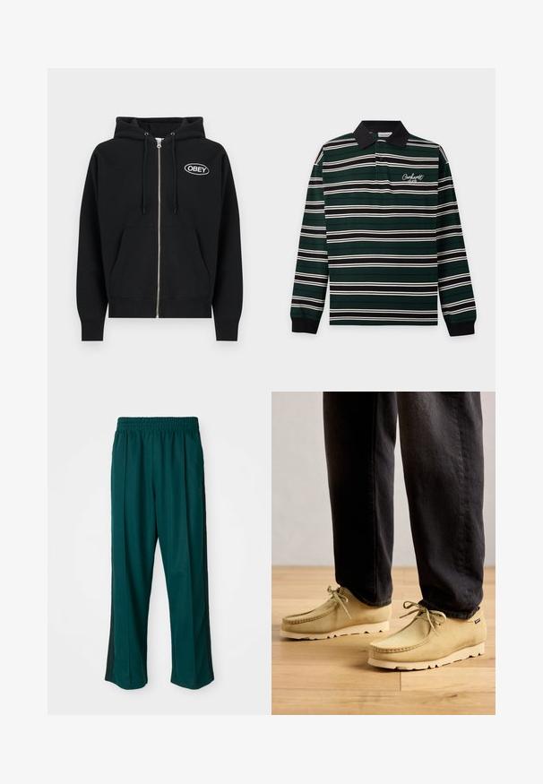 Schwarzer Kapuzenpullover mit Reißverschluss aus Baumwolle, mit einer Fronttasche, Kordelzugkapuze und dem "OBEY"-Logo, das weiß auf der Brust gestickt ist.; Langärmeliges Poloshirt mit schwarzem Kragen und Bündchen, dunkelgrünem Grund, weißen und schwarzen horizontalen Streifen und Carhartt-Logo auf der Brust.; Dunkelgrüne Sporthose mit elastischem Bund, geradem Bein-Design und schwarzen Seitenstreifen. Hergestellt aus weichem, dehnbarem Stoff.; Beige Wildleder Schnürschuhe, die mit schwarzen Hosen auf einem Holzboden getragen werden und einen lässigen und bequemen Stil zeigen.