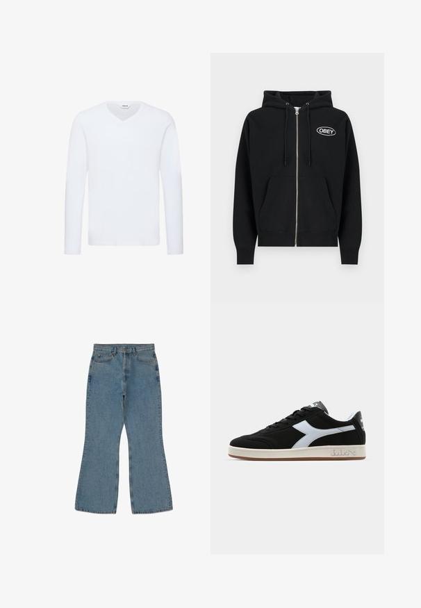 Sudadera con capucha negra con cremallera, hecha de algodón, con bolsillo delantero, capucha con cordón y logo "OBEY" bordado en blanco en el pecho.; Camiseta blanca de manga larga y cuello en V, hecha de una suave mezcla de algodón. Presenta una textura lisa y un dobladillo recto con un detalle mínimo.; Vaqueros de mezclilla de color azul claro con campana y cintura alta, costuras visibles y diseño de cinco bolsillos. La tela tiene un acabado suave y texturizado.; Zapatillas deportivas negras con una franja diagonal blanca, tejido texturizado, punta redonda y suela de goma. Presentan un logo en la lengüeta y en el lateral.