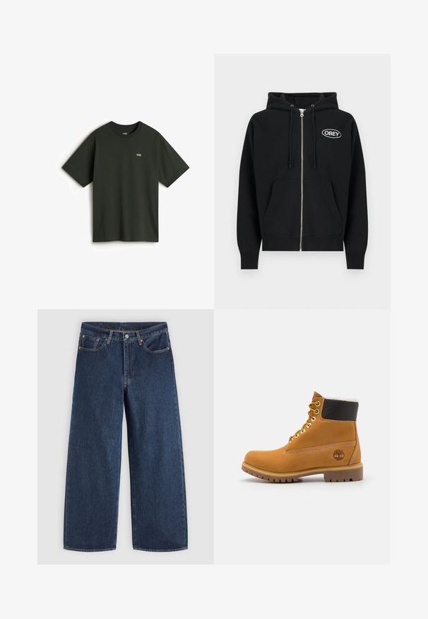 Sudadera con capucha negra con cremallera, hecha de algodón, con bolsillo delantero, capucha con cordón y logo "OBEY" bordado en blanco en el pecho.; Vans Camiseta básica - dark green; Vaqueros vaqueros azul oscuro de pierna ancha con bolsillos delanteros, cierre de botones y trabillas para cinturón, extendidos sobre un fondo claro.; Botín de cuero marrón con ojales de metal, forro de piel sintética blanca, cuello acolchado negro, suela resistente y logotipo en relieve en el costado.