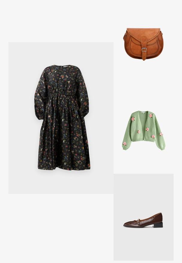 Lysegrøn strikket cardigan med lyserøde og orange broderede blomster spredt på fronten og ærmerne, åbent design foran med ribstrikkede manchetter og kant.; Sort blomsterkjole med lange ærmer, indsnævret talje og lagdelt nederdel. Har et farverigt blomsterprint og en glat stoftekstur.; Mørkebrune patentlæder Mary Jane-sko med en firkantet sort lav hæl og sølvspænde, vist i profil på en hvid baggrund.; Brun læder crossbody taske med frontklap, spænde strop og detaljeret syning på hvid baggrund.