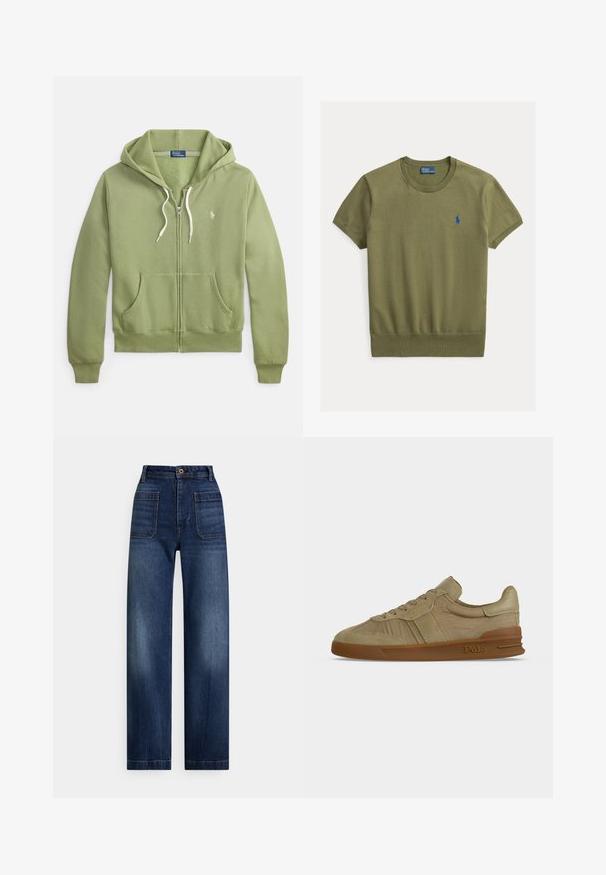 Grøn hættejakke med lynlås lavet af blødt stof med en kængurulomme og snoretræk. Har en lille logo på brystet og ribkant ved ærmerne.; Olivengrøn strikket poloshirt med korte ærmer, ribkanter og et lille blåt broderet logo på venstre bryst.; Højtaljede, mørkeblå denimjeans med lige ben, forlommer, bæltestropper og knaplukning.; Beige lavskaftet Polo sneaker med snørebånd foran, tekstureret læderoverdel og brun gummisål med Polo-logo på siden.