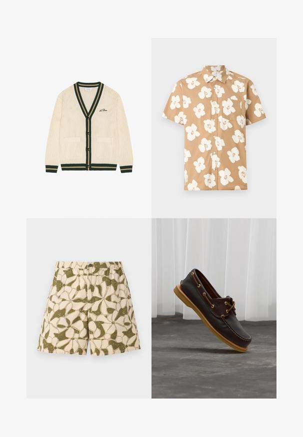 Cardigan en maille crème avec bordure vert foncé et beige, boutonnage devant, deux poches, et "Les Deux" brodé sur la poitrine gauche.; Chemise beige à manches courtes avec boutons, grand imprimé floral blanc et poche poitrine, affichée sur un fond plat gris clair.; Short beige et vert à motif floral avec taille élastique et fermeture à boutons sur le devant, présenté sur un fond uni.; Chaussure bateau en cuir brun foncé avec semelle marron clair et détails en lacets, vue en angle au-dessus d'un sol gris avec des rideaux blancs en arrière-plan.