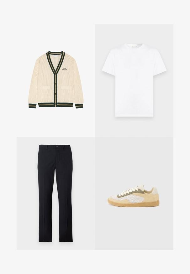 Cardigan en maille crème avec bordure vert foncé et beige, boutonnage devant, deux poches, et "Les Deux" brodé sur la poitrine gauche.; T-shirt blanc uni à manches courtes et col rond, présenté sur un fond gris neutre.; Pantalon habillé noir cintré avec un motif à carreaux subtil, fermeture à boutons devant, passants pour ceinture et plis marqués sur chaque jambe.; Baskets basses en daim beige, panneaux en maille blanche, accents olive, lacets blancs et semelle en caoutchouc naturel sur fond gris clair.
