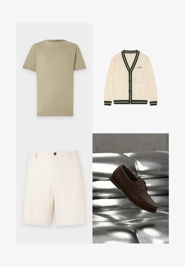 Cremefarvet strikket cardigan med mørkegrøn og beige kant, knapper foran, to lommer og "Les Deux" broderet på venstre bryst.; Lys khaki t-shirt, korte ærmer, rund hals, blød tekstur, glat stof, uden mønstre eller detaljer, lige snit, neutral farve.; Theory CURTIS GOOD - Shorts - eggshell; Brun læderloafer med mørke snørebånd, der hviler på skinnende, knapdet sølvlæderpolstring.