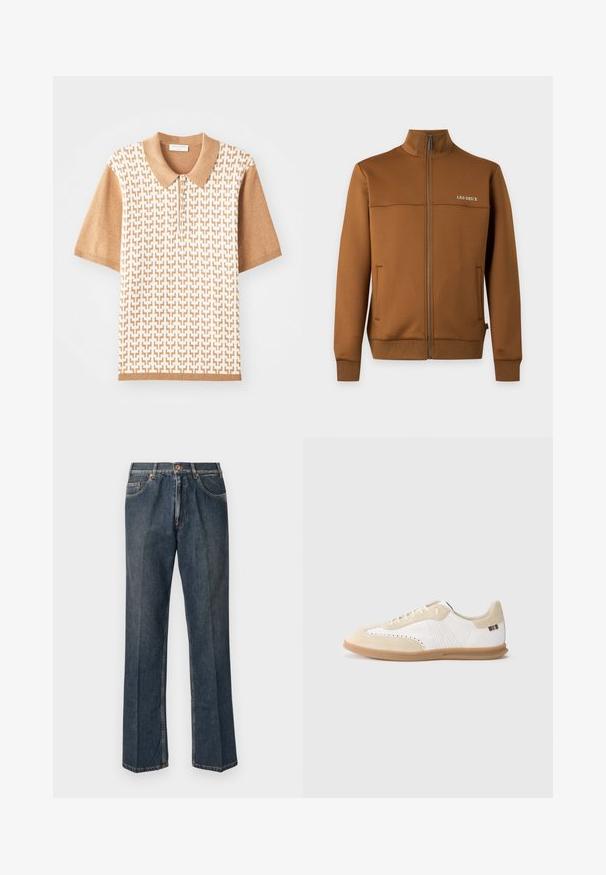 Brun lynlåstrøje med høj krave, sidelommer, ribstrikkede ærmeafslutninger og "LES DEUX" logo på venstre bryst.; Kortærmet polo shirt med et beige teksturmønster, lys brown krave og manchetter, med tre knapper og geometriske designs.; Mørkeblå lige ben denim jeans med frontknap, lynlås, dobbelte forlommer og synlige lodrette folder ned langs benene.; Hvid sneaker med lysebeige ruskindsdetaljer, perforeret detaljering, flade snørebånd og sål i gummigummi. Indeholder stribet branding på hælen.