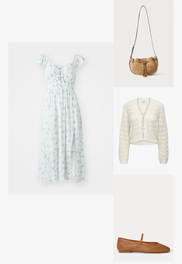 Cárdigan de punto corto blanco con escote en V, cierre con lazo y un diseño de calados con rayas horizontales y verticales, bordes texturizados.; Vestido maxi floral azul claro con mangas cortas de volantes, cuerpo fruncido y abertura lateral. Presenta pequeños patrones de flores verdes y amarillas.; Zapato plano marrón con un patrón de enrejado y una sola tira delgada en la parte superior, mostrado de lado sobre un fondo blanco.; Pequeña bolsa de hombro tejida color marrón claro con correa de cuero marrón ajustable y detalle de lazo de cuero en la parte delantera, colgando sobre fondo blanco.