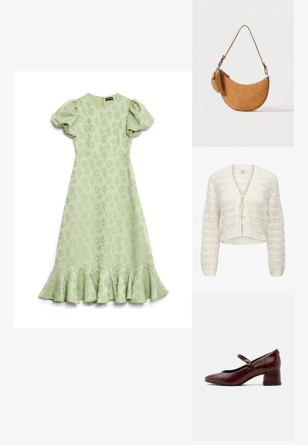 Hvid, kort strikket cardigan med v-hals, båndlukning og åbenvævning med vandrette og lodrette striber samt teksturerede kanter.; Lysegrøn kjole med puffærmer, blomsterstruktureret stof og en flared ruffled bund. Har en lynlås i ryggen til lukning.; Brun læder Mary Jane-sko med lav blokhæle og guldlåsrem, sidevisning på hvid baggrund.; Mørk ruskind halvmåneformet håndtaske med tynd justerbar rem og lille vedhæftet lynlåslomme på siden, mod ensfarvet baggrund.