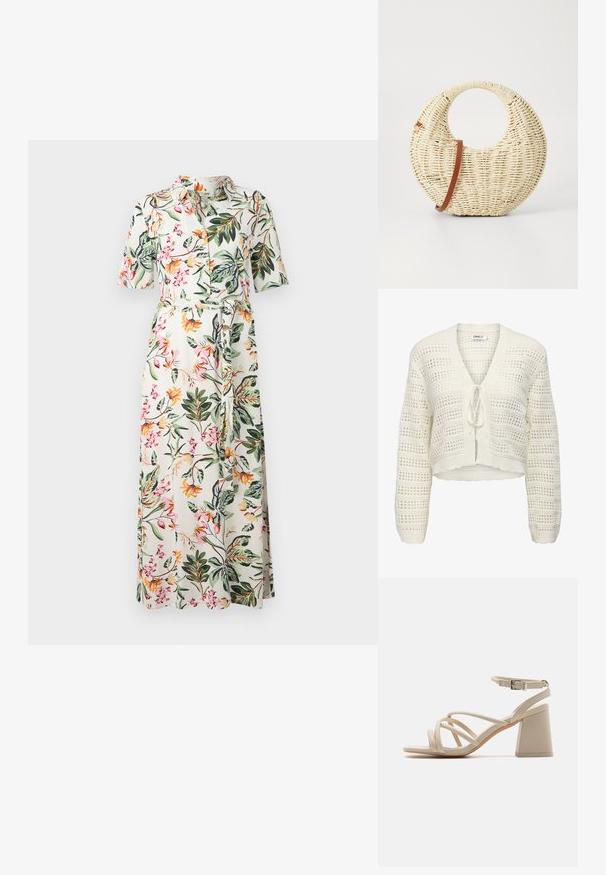 Hvid, kort strikket cardigan med v-hals, båndlukning og åbenvævning med vandrette og lodrette striber samt teksturerede kanter.; Blomster midi-kjole med korte ærmer, knaplukning fortil og taljebælte. Har en hvid baggrund med flerfarvede blomster og grønne blade.; Beige hæle sandaler med krydsede stropper, en ankelspænde og en firkantet blokhælhøjder for stabilitet. Glat, læderlignende tekstur.; Rund flettet taske i naturligt strå med en tekstureret overflade. Har en glat brun læderrem og et cirkulært håndtag.