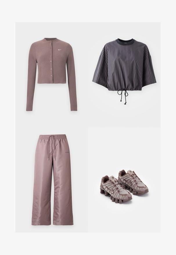 Ribbet, langærmet croptop i afdæmpet mauve med rund halsudskæring og knapper foran. Har et diskret hvidt Nike-logo på brystet.; Skåret, kortærmet top i mørkegrå med lodrette striber. Har en snøre i kanten og en rund halsudskæring med en kontrasterende sort kant.; Lyserøde bukser med vide ben lavet af glat nylon. Har elastisk talje med snøre og branding på siden.; Nike Sportswear SHOX TL - Sneakers - pumice/night maroon/plum eclipse