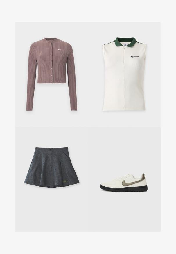 Ribitudega, pika varrukaga lühike top tuhmis mauves toonis, ümar kaelus ja ees nupud. Rinnal on diskreetne valge Nike logo.; Valge varrukateta Nike top neopreenilise pinnaga, tumerohelise krae, poole lukuga ja musta Nike logoga rinnal.; Hallide hallhalli, mis on valmistatud tekstureeritud kangast, millel on vöökoha nupuga sulgemine, kahe küljetasku ja jõhvikusildiga diskreetne tikand himmel.; Nike Sportswear FIELD GENERAL - Tossud - off-white/black
