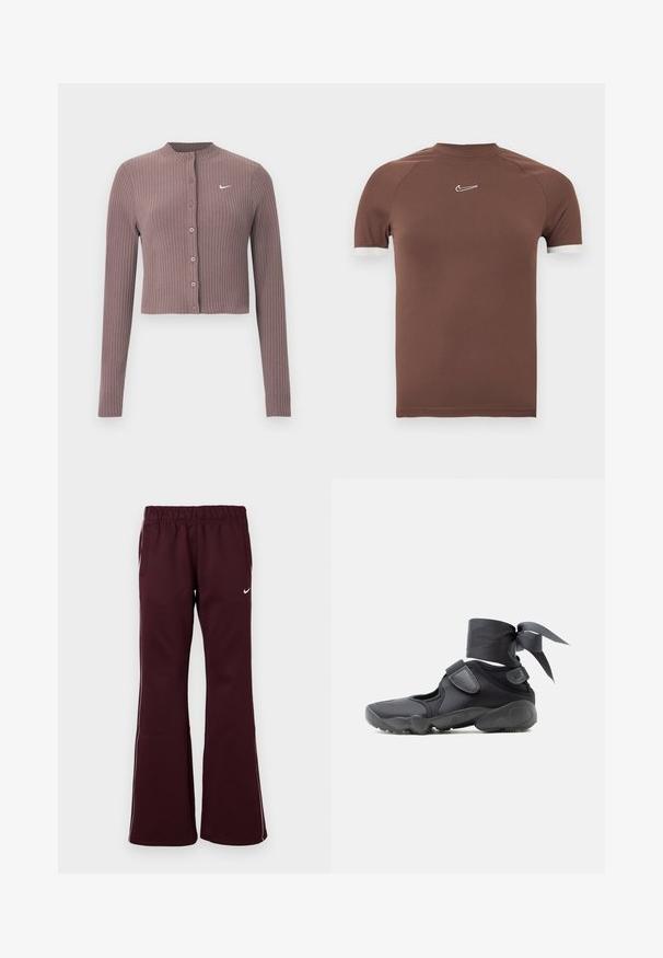 Ribbet, langærmet croptop i afdæmpet mauve med rund halsudskæring og knapper foran. Har et diskret hvidt Nike-logo på brystet.; Brun kortærmet skjorte lavet af glat stof med høj halsudskæring og hvide detaljer ved ærmekanterne, med en lille logo på brystet.; Bordeauxfarvede træningsbukser med flagrende design, elastisk talje og sidelommer. Har hvide kantbånd og et lille logo på forsiden.; Sort atletiksko med udskæringer, velcrolukninger og ankelrem bundet i en sløjfe, vist fra siden på en hvid baggrund.