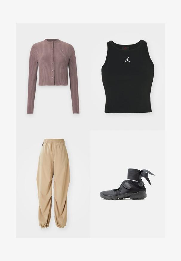 Ribbet, langærmet croptop i afdæmpet mauve med rund halsudskæring og knapper foran. Har et diskret hvidt Nike-logo på brystet.; Sort tætsiddende tanktop lavet af bomuld, med rund udskæring og et hvidt Jordan-logo syet på fronten i midten. Glat tekstur.; Beige letvægtsbukser med elastisk talje, tapered manchetter og en glat tekstur, der har en afslappet pasform og ingen synlige mønstre eller udsmykninger.; Sort atletiksko med udskæringer, velcrolukninger og ankelrem bundet i en sløjfe, vist fra siden på en hvid baggrund.