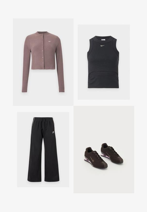 Ribbet, langærmet croptop i afdæmpet mauve med rund halsudskæring og knapper foran. Har et diskret hvidt Nike-logo på brystet.; Sort ærmeløs cropped sportstop med ribbet tekstur og hvid Nike swoosh-logo på brystet.; Sorte sweatpants lavet af blødt stof, med en elastisk talje og snøre, sidestriber og et lille logo på venstre front.; Sorte atletiksko med en tekstureret overdel, brune detaljer og en lilla luftfyldt sål. Snørebåndsdesign med fremtrædende branding.