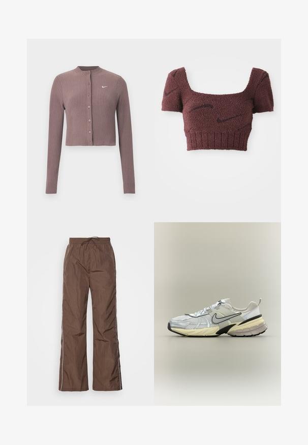 Top corto de manga larga acanalado en tono malva apagado con escote redondo y botones delanteros. Cuenta con un discreto logo blanco de Nike en el pecho.; Top corto en malva con una tela texturizada, escote cuadrado, mangas cortas y dobladillo acanalado, con sutiles patrones oscuros en toda la prenda.; Pantalones marrones, ligeros, con una cintura elástica y cordón; presentan franjas blancas en los lados y un diseño relajado de pierna ancha. Textura suave.; Zapatilla Nike blanca y gris con parte superior de malla, logo swoosh negro, entresuela beige y suela negra sobre un fondo claro.